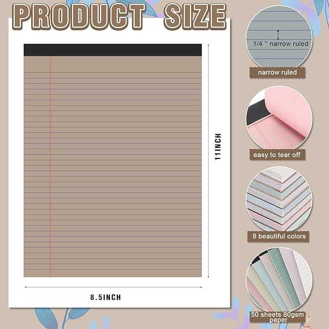 Fuutreo 8 Pcs 8.5'' x 11'' Colored Legal Pad Writing Pads Narrow Ruled 50 Sheets Per Notepad Perforated Writing Notepad Office Supplies for College Office Business (Pastel Color)