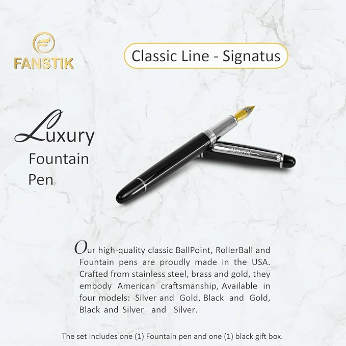 Customized Fountain pen with name (MADE IN USA), stainless steel, black and Silver, luxury engraved pen personalized for men and for women. (Fountain Black-Silver)
