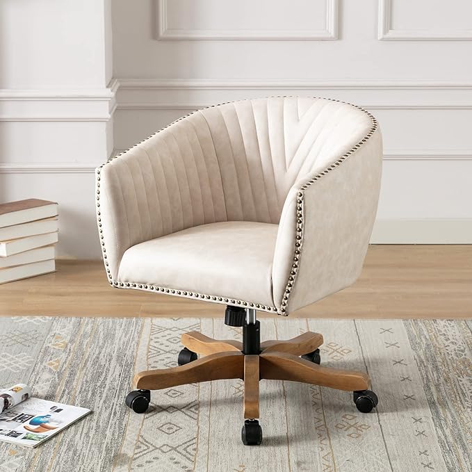 Beige Faux Leather Home Office Desk Chair, Upholstered Barrel Swivel Adjustable Arm Desk Chair with Nailheads, Comfy Mid-Back Study Chair with Silent Wheel for Study Office Computer