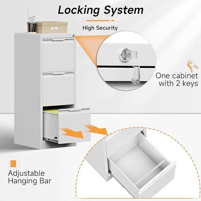 Bestoo 17.8" D File Cabinet, 3 Drawer Metal Filing Cabinets with Lock, Locking Vertical File Cabinet for Letter/Legal/A4/F4 Size, Easy Assemble (White)