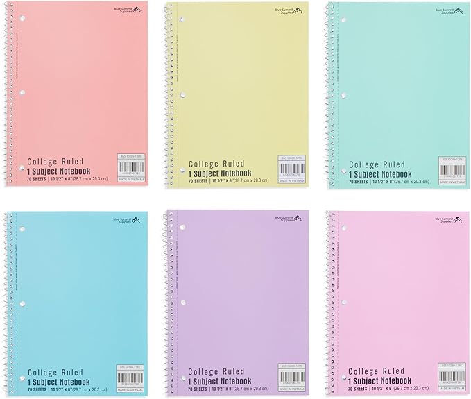 Blue Summit Pastel Spiral Notebook College Ruled, One Subject School Notebooks Spiral, Perforated Notebooks Bulk, 8 x 10.5 School Book, Paper, College Ruled, 12 Pack