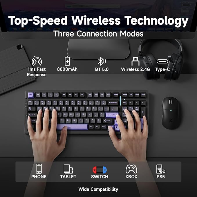 G98 PRO Wireless Mechanical Keyboard, Tri-Mode Connection Gaming Keyboard, Hot Swappable Custom Gasket Structure, Pre-lubed Linear Switches, Double Shot PBT Keycaps RGB LED Backlit Purple&Black