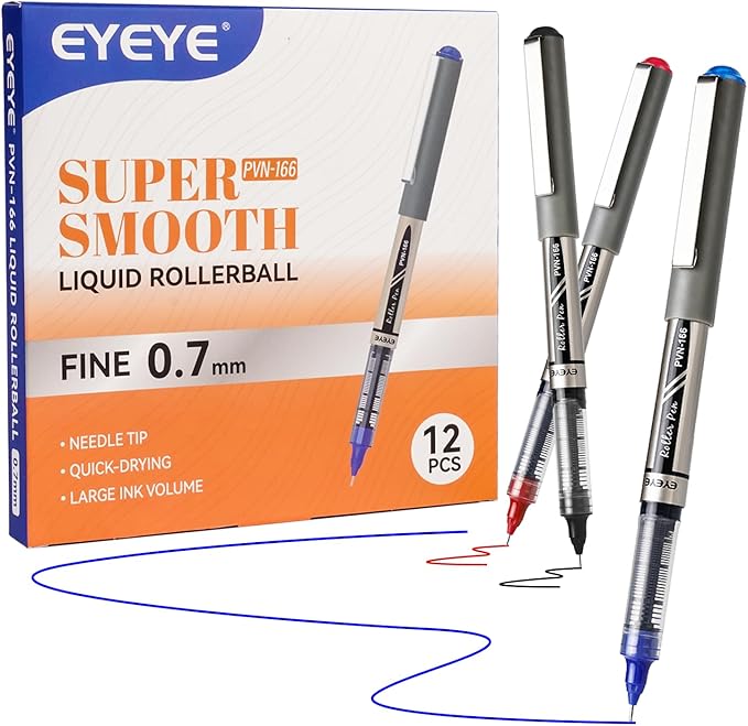 EYEYE Liquid Ink Rollerball Pens 0.7mm, 12 Pack 3 Colors Roller Ball Pen Medium Point Quick Dry, Ink Pens Fine Point Smooth Writing Pen for Journaling, Note Taking, Office, School Supplies