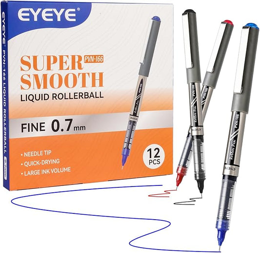 EYEYE Liquid Ink Rollerball Pens 0.7mm, 12 Pack 3 Colors Roller Ball Pen Medium Point Quick Dry, Ink Pens Fine Point Smooth Writing Pen for Journaling, Note Taking, Office, School Supplies