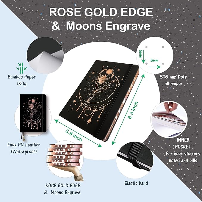 BUKE Medium A5 Hardcover Notebook Dotted Journal - 180Gsm Thick Bamboo Paper - 160 Dot Grid Pages 5x5 MM - Black Color Faux PU Leather Cover - Rose Gold Edge And Moons (A5, Black)