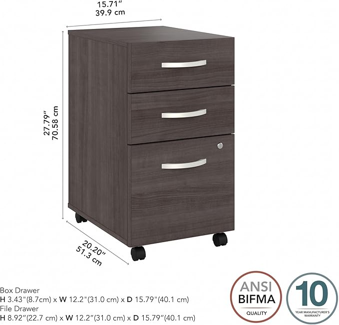 Bush Business Furniture Studio C 3 Drawer Mobile File Cabinet-Assembled, Rolling Document Storage for Home or Professional Office, 16W, Storm Gray