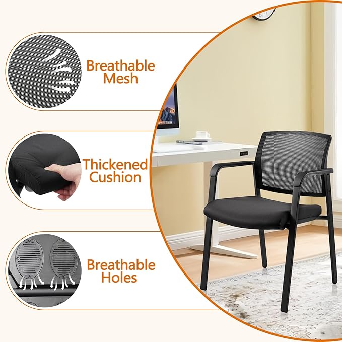 CLATINA Mesh Back Stacking Arm Chairs with Upholstered Fabric Seat and Ergonomic Lumbar Support for Office School Church Guest Reception Black 2 Pack Set