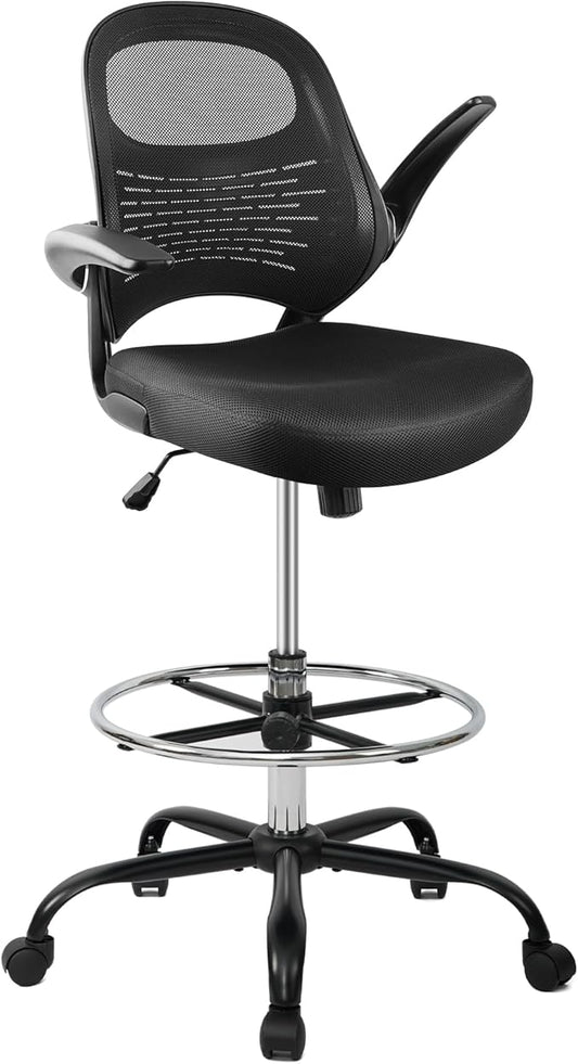 HYLONE Drafting Chair Tall Office Chair with Flip-Up Armrests Ergonomic Computer Chair with Lumbar Support Adjustable Footrest Ring Mesh Standing Desk Chair (Black)