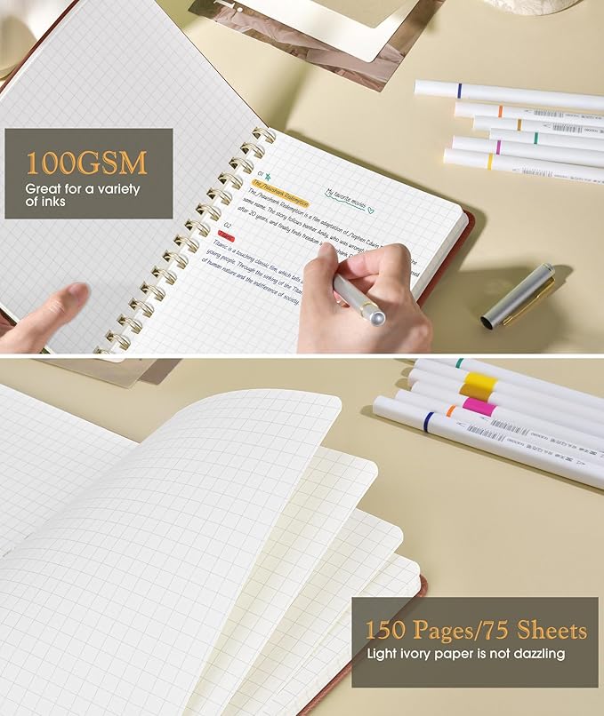 Graph Spiral Journal Notebook, A5 Hardcover Spiral Journals for Women Men, 100 GSM Graph Paper Notebooks, 150 Pages Spiral Bound Grid Notebook for Writing Note Taking Work 5.75" x 8.38", Brown