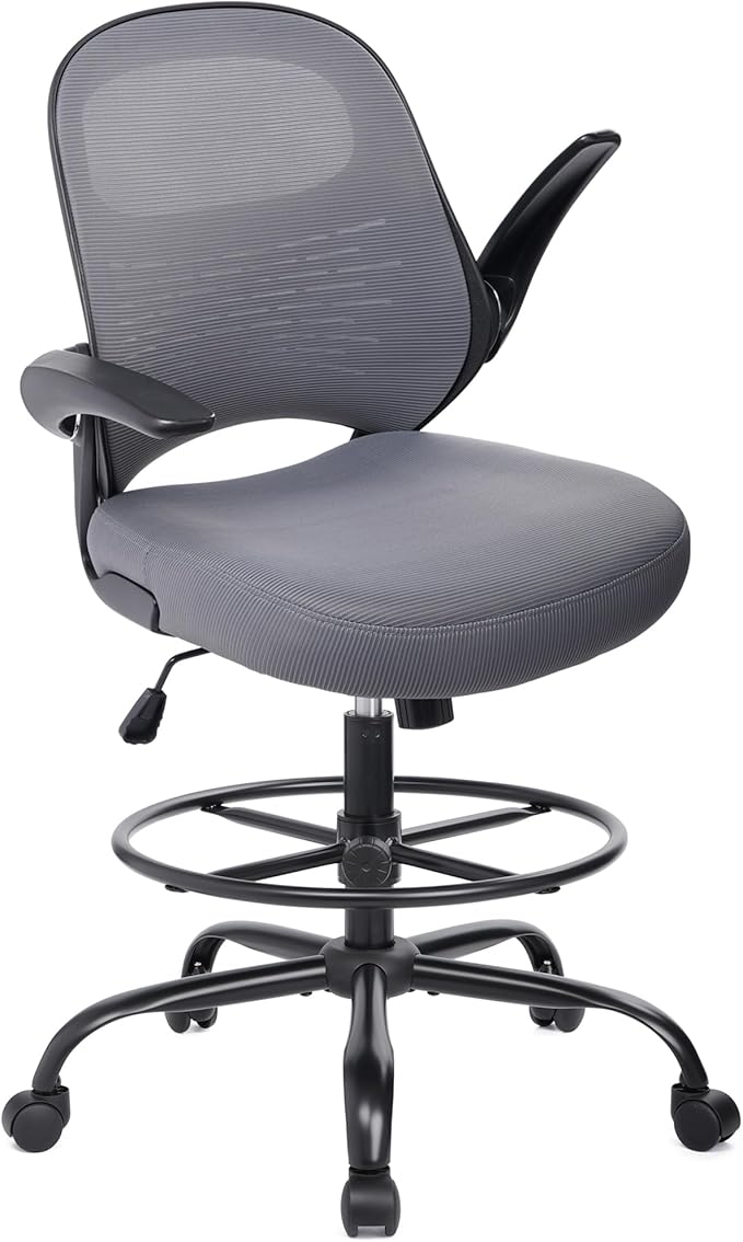 HYLONE Tall Drafting Chair Standing Desk Chair with Flip-Up Armrests, Adjustable Height Ergonomic Office Chair with Footrest Ring - High Stool Chair for Standing Desk (Dark Grey)
