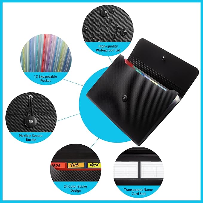 Expanding File Folder, 13 Pockets, White, Polypropylener,for Work, School, Home, Office