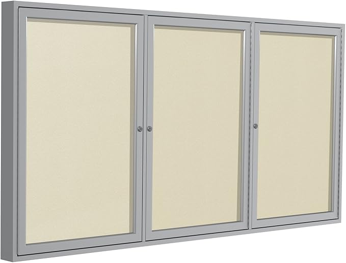 Ghent 48"x96" 3-Door Outdoor Enclosed Vinyl Bulletin Board, Shatter Resistant, with Lock, Satin Aluminum Frame - Ivory (PA34896VX-185), Made in the USA