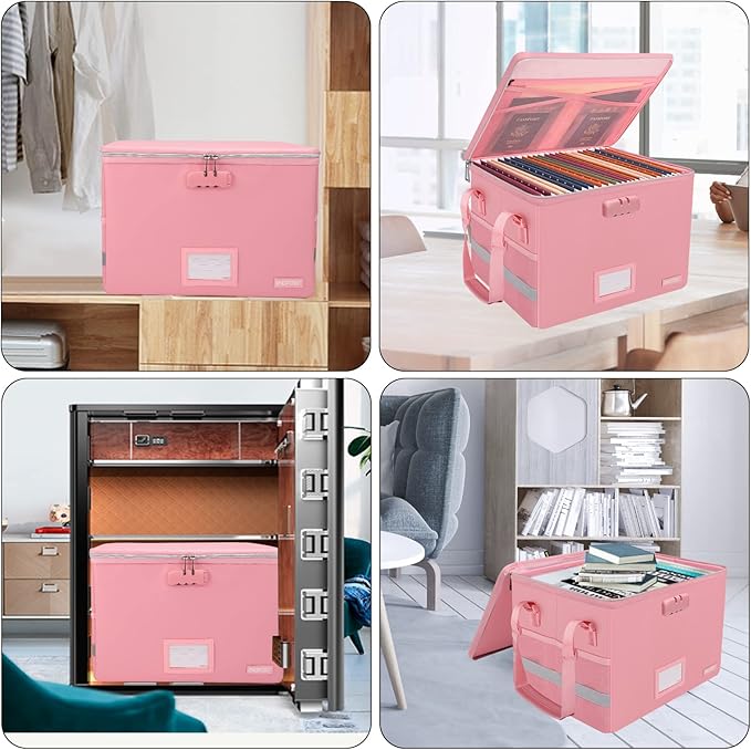 ENGPOW File Box with Lock, Fireproof Document Box with Zipper＆Pockets, Collapsible File Organizer Filing Storage Cabinet with Handle, Portable Home Office Safe for Hanging Letter/Legal Folder, Pink