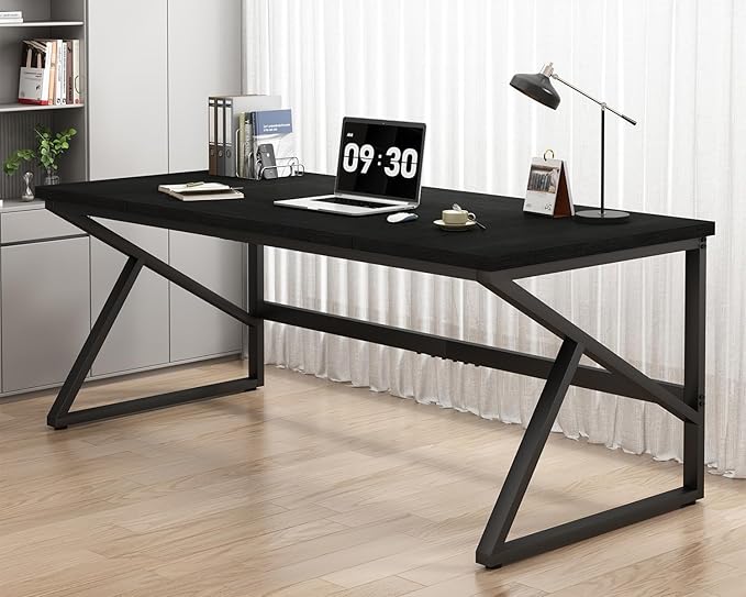 HSH 70 Inch Long Black Desk, Large Metal Wood Computer Desk for 2 Monitors, Modern Home Office PC Laptop Desk for 2 People Executive Writing Work Study Gaming, Simple Bedroom Living Room Black Table