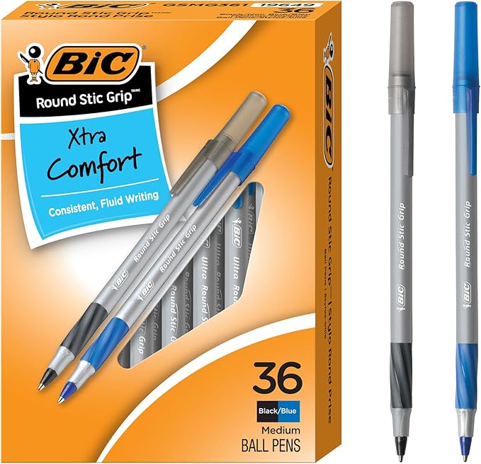 BIC Round Stic Grip Xtra Comfort Assorted Colors Ballpoint Pens, Medium Point (1.2mm), 36-Count Pack, Perfect Writing Pens With Soft Grip for Superb Comfort and Control