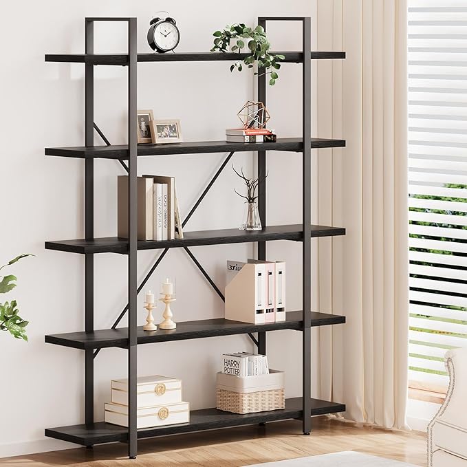 HSH 5 Tier Tall Black Bookshelf, Wood and Metal Storage Book Rack, Industrial Modern Etagere 5 Shelf Bookcase, Large Wide Open Display Book Shelf for Bedroom Living Room Office, Bookshelves Heavy Duty