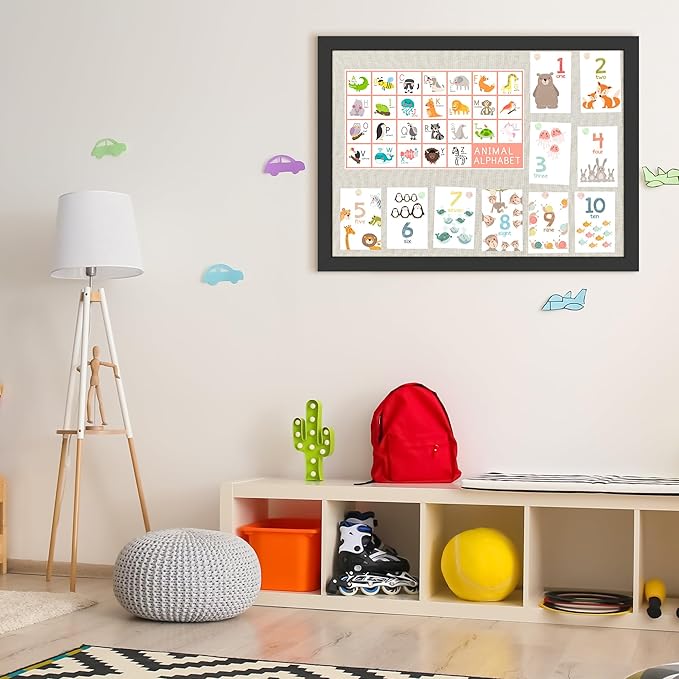 Cork Board Bulletin Board 18" x 24", Large Linen Corkboards with Frame for Walls, Cute Picture Display Pin Board Vision Board for Room School Office Bedroom 20 Pushpins Vintage Black