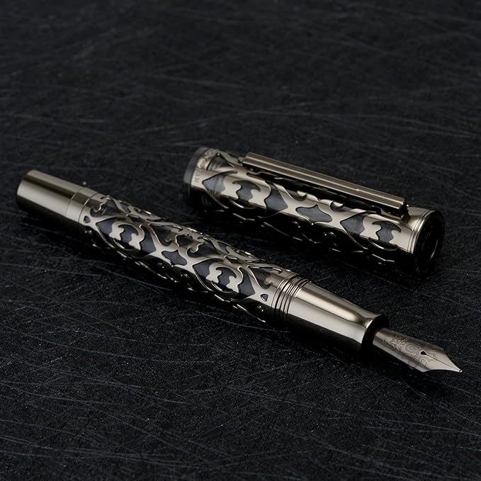 Hongdian D1 Piston Fountain Pen Extra Fine Soft Nib, Jet Black Hollow Skeleton & Resin Pen with Metal Case Set