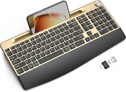 Ergonomic Wireless Keyboard with Wrist Rest-Low-Profile,Phone/Tablet Holder,Quiet Design，Windows & Mac OS，Full Size Cordless USB Computer Keyboard for Desktop,Laptop, PC, Mac, Windows-Gold