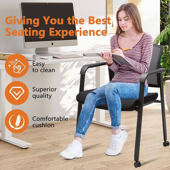 CLATINA Black Waiting Room Chair with Wheels Mesh Back Stacking Arm Chairs with Upholstered Fabric Seat and Ergonomic Lumbar Support for Office School Church Guest Reception