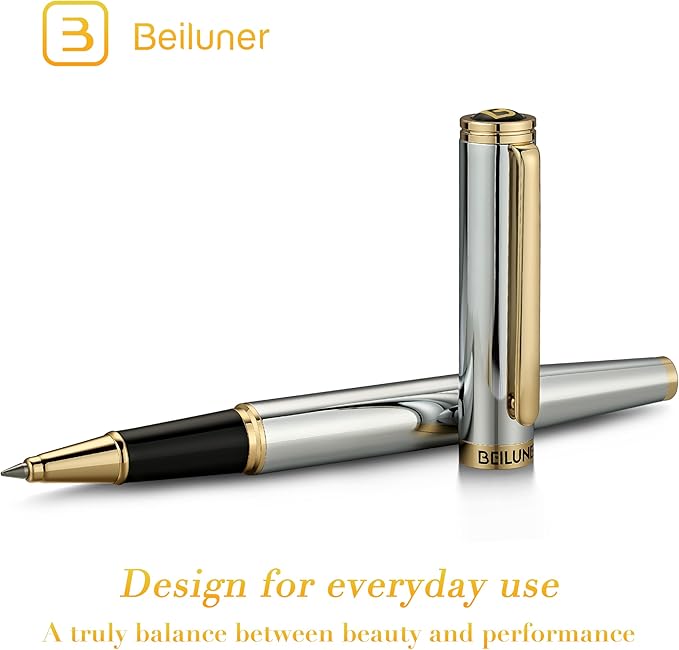 BEILUNER Luxury Rollerball Pen, Stunning Silver Chrome with 24K Gold Finish,Noble and Elegant Designs,Schneider Ink Refill, Best Gift Pen for Men & Women, Professional, Executive Office, Fancy Pens