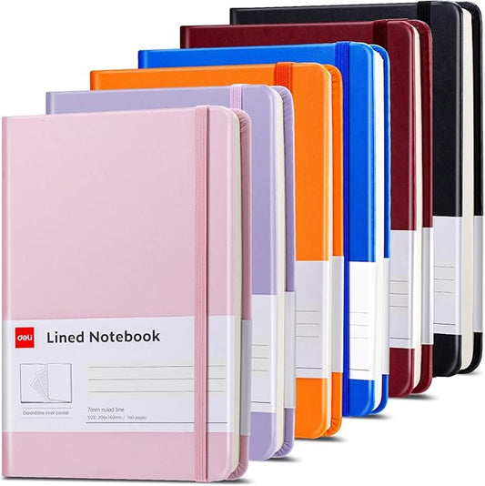 deli 6-Pack Lined Journal Notebook, 160 Pages Hardcover Writing Notebook, A5 (5.5"x8.2") College Ruled Notebook for Office, School, Work Notes