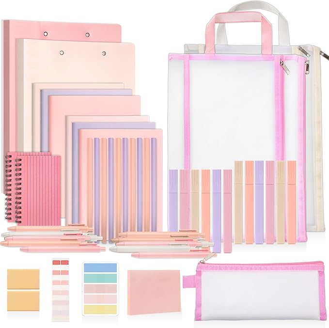 Colarr 54 Pieces Aesthetic School Supplies Including Pastel Highlighters Document Bags Pencils Notebooks Pencil Pouch Ink Pens Sticky Notes Erasers Back to School Gift Stationary Kit (Pink)