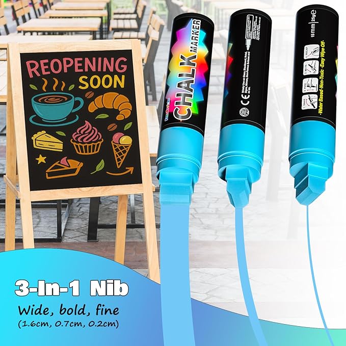 FansArriche Jumbo Chalk Markers, 15mm Window Markers for Glass Washable, 12 Colors Liquid Chalk Marker Erasable for Chalkboard, Blackboard, Car