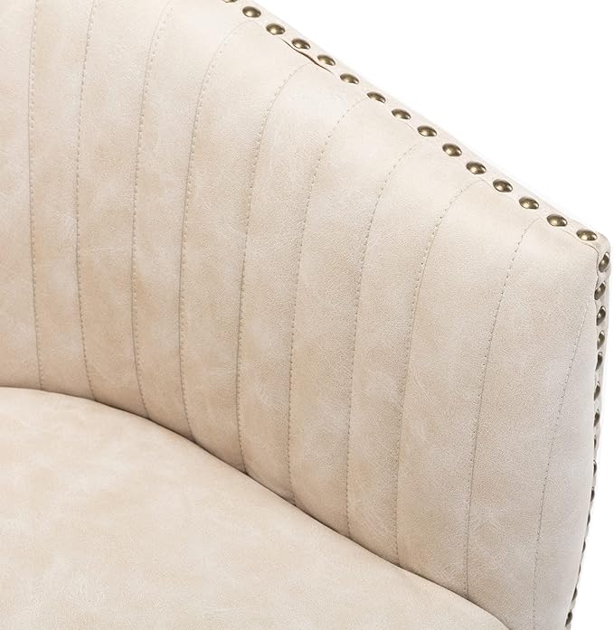 Beige Faux Leather Home Office Desk Chair, Upholstered Barrel Swivel Adjustable Arm Desk Chair with Nailheads, Comfy Mid-Back Study Chair with Silent Wheel for Study Office Computer