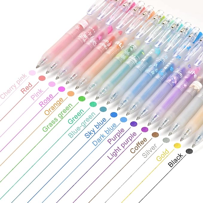EooUooIP Glitter Gel Pens, 16 Assorted Colors 0.7MM Fine Tip Retractable Rolling Ball Pens, Quick-Drying Ink Sparkly Gel Ink Pens for Adults Journaling Coloring Books Drawing Doodling