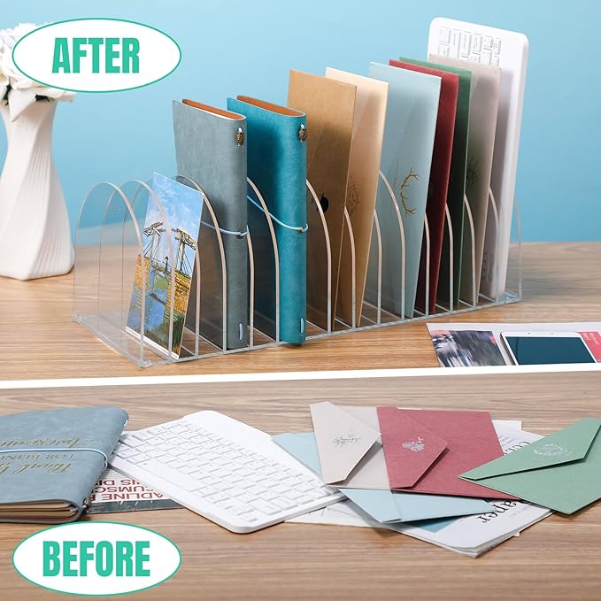 Ctosree Acrylic File Organizer for Desk Vertical 15 Compartments File Sorter Mail Organizer Desktop Countertop Folder Stand Racks for Office Home School Desk(Arch,Clear)