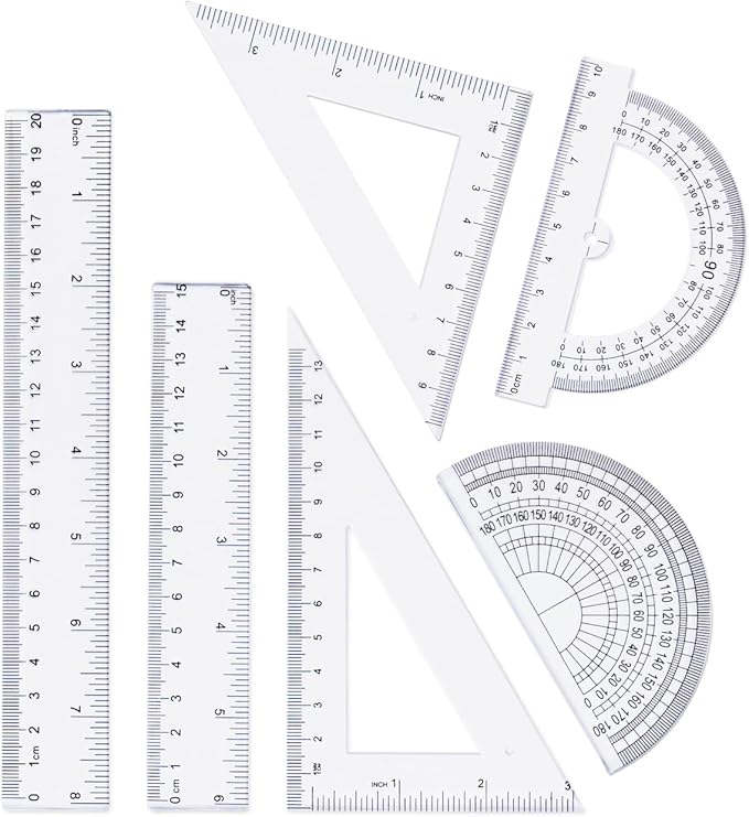 Geometry Set, 6-Piece Clear Plastic Math Ruler, Drafting Ruler Kit Includes Protractor, Triangle Ruler, Straight Ruler-Math Measurement Tools for Students, School and Office Supplies