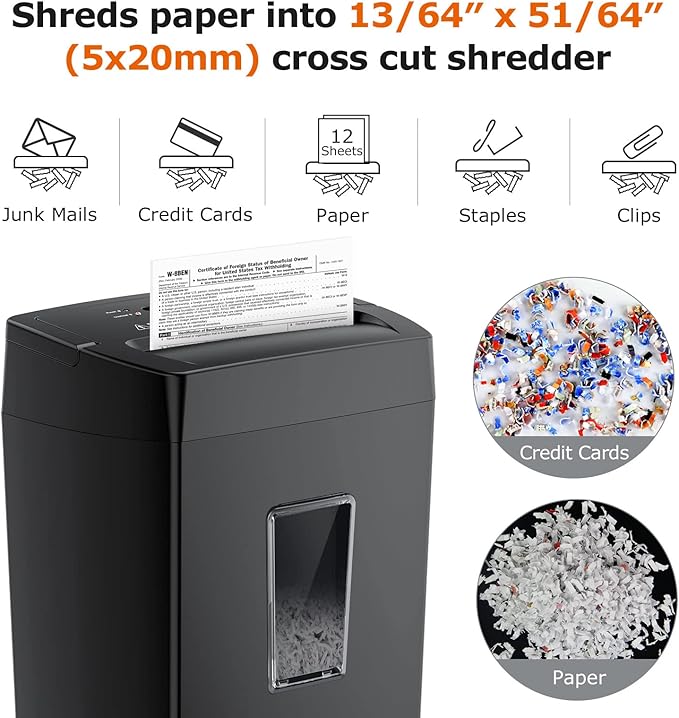 Bonsaii 12-Sheet Cross Cut Paper Shredder, 5.5 Gal Home Office Heavy Duty Shredder for Paper, Credit Card, Mail, Staples, with Transparent Window, High Security Level P-4 (C275-A)