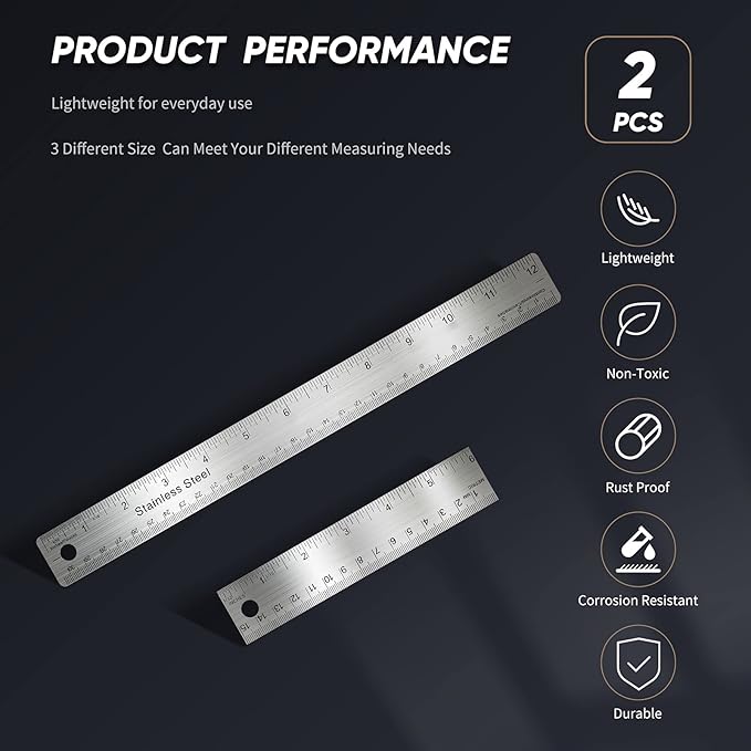 Frienda 2 Pcs Metal Ruler Cork Backed 6 Inch and 12 Inch Stainless Steel Rulers with Cork Backing Non Slip Straight Edge Measure Ruler for Student Graduation Back School Supply