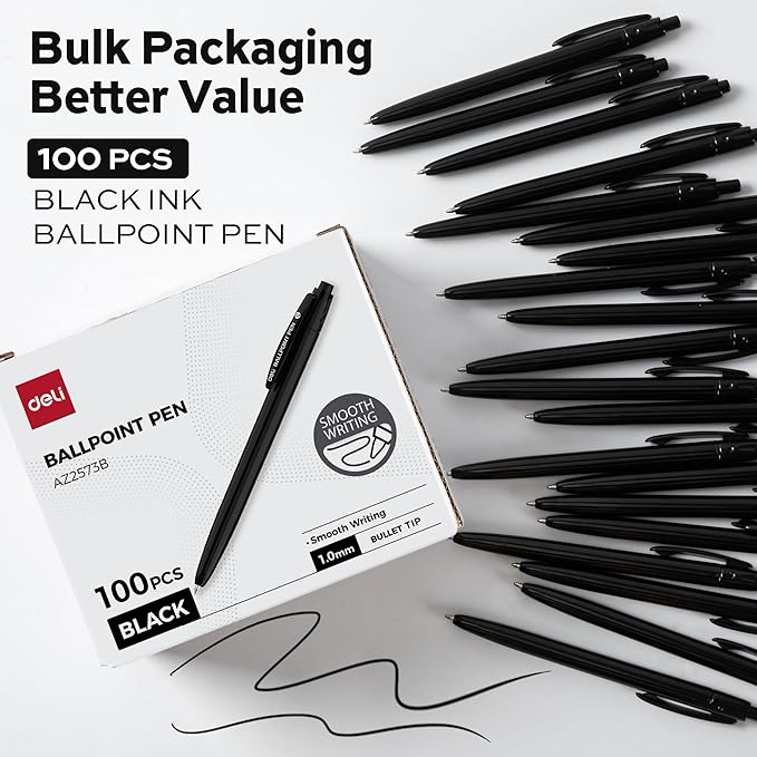 deli Pens Bulk, 100 Pack Retractable Ballpoint Pens, 1.0MM Black Ink,Smooth Writing, No Bleed, Comfortable Grip for Home,Office & School Use
