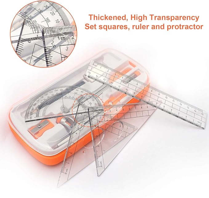 Geometry Compass Set 2 Drafting Compasses with Maths Protractor Set Squares Ruler and More for Students Starters Homework etc. Orange