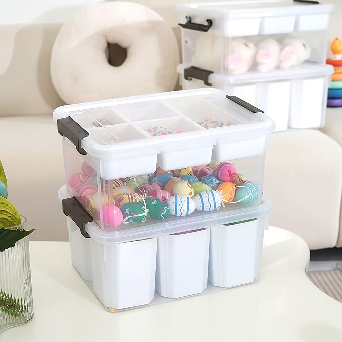 Citylife 17 QT Plastic Storage Box with Removable Tray and 6 Detachable Tall Inserts Craft Organizers and Storage Clear Storage Container for Organizing Crayon, Craft, Sewing, Playdoh, 4 Packs