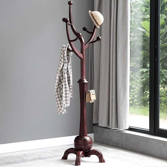 Coat Rack Freestanding Wood Tree Rack with 8 Hooks, Creative Design Tree Branch-look, Coat Tree Clothes Hanger Stand with Stable Sphere Base for Entryway, Hallway, Bedroom (Wine Red)