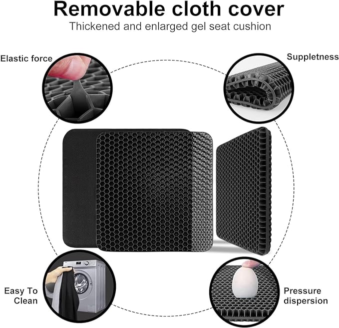 Gel Seat Cushion, Double Thick Egg Gel Cushion for Pressure Pain Relief, Breathable Wheelchair Cushion Chair Pads for Car Seat Office Chair (Black)