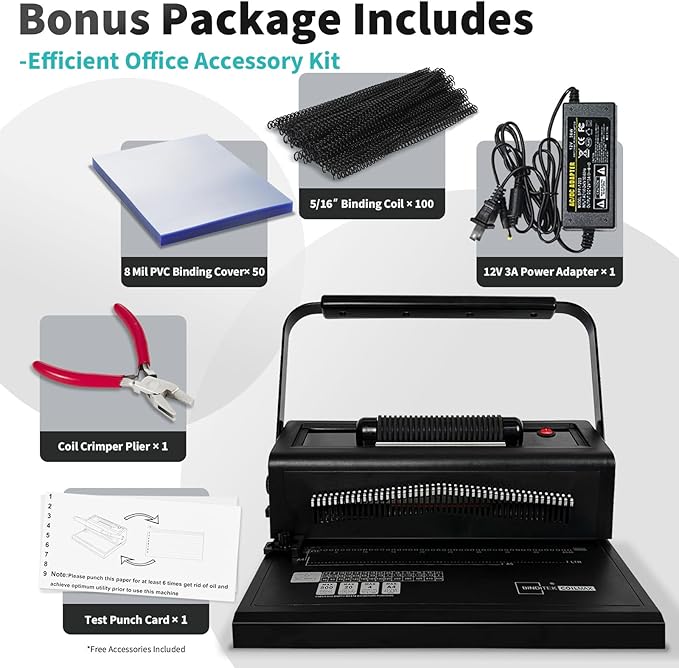 Binditek Spiral Binding Machine for Letter Size/A4/A5, Manual Round Hole Punch, Disengaging Pins, Adjustable Side Margin, with 100 pcs 5/16" Binding Coils, Pliers, PVC Covers & Power Adapter