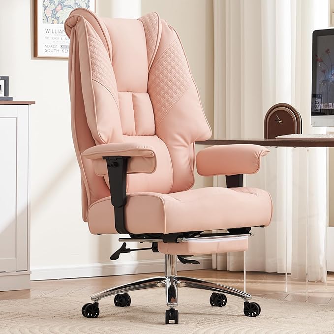Big and Tall Office Chair 400lbs Wide Seat, Leather High Back Executive Office Chair with Foot Rest, Ergonomic Chairs Lumbar Support for Lower Back Pain Relief (Light Pink)