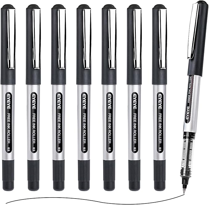 EYEYE Rollerball Pens Black 0.5mm, 8 Pack Extra Fine Point Quick Dry, Liquid Ink Pens Fine Point Smooth Writing Pen for Journaling, Note Taking, Office, School Supplies