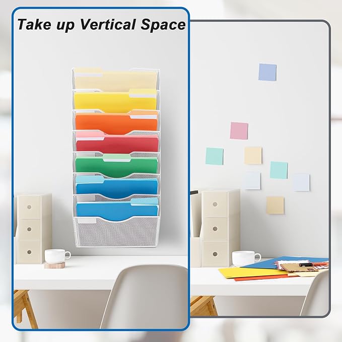 EASEPRES 8 Pocket Mesh Hanging Wall File Organizer, Wall Mounted Mail Paper Document Folder Holder, Clipboard Storage Organization Magazine Rack with Nametag Label for Office Home School, White