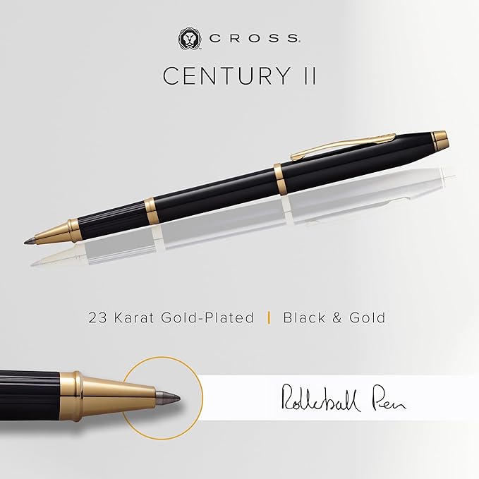 Cross Century II Refillable Rollerball Pen Presented in a Luxury Gift Box - Medium Point, Black Ink, Black & Gold