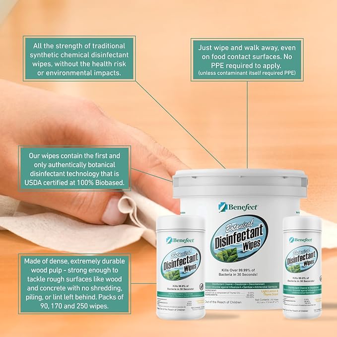 Benefect Botanical Disinfectant Wipes – 1,500 Sanitizing Wipes. 6 Pack of 250 Wipes Per Unit - High Traffic - Gym Wipes, Schools and Food Safe Cleaning (250, 6)