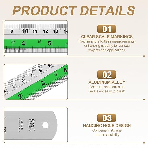HARFINGTON 4pcs Metal Straight Ruler 20cm Metric SAE Aluminum Alloy Measuring Rulers Scale Tool with Hole for Measure Study Reading Classroom Office, Green