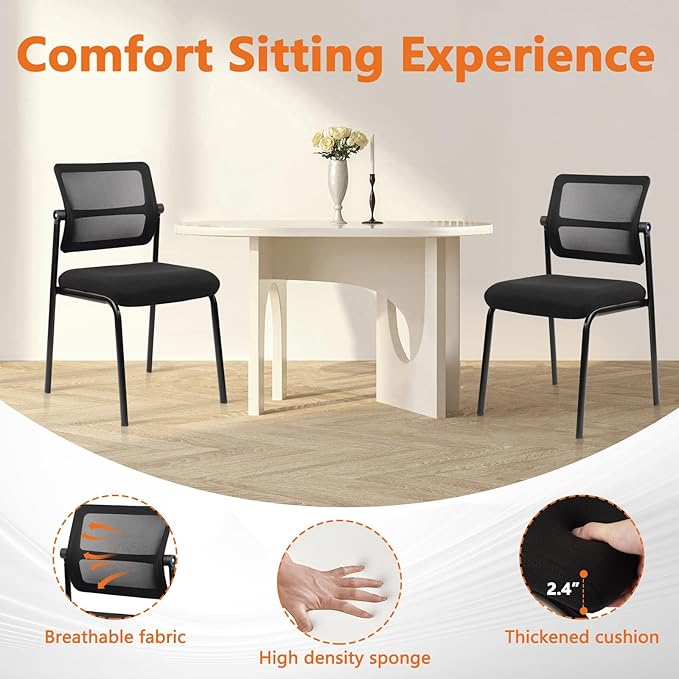 CLATINA Stacking Armless Office Waiting Room Chair with Adjustable Backrest, Stackable Mesh Guest Reception Desk Chairs with Ergonomic Lumbar Support for Home Conference Lobby Side School, Black