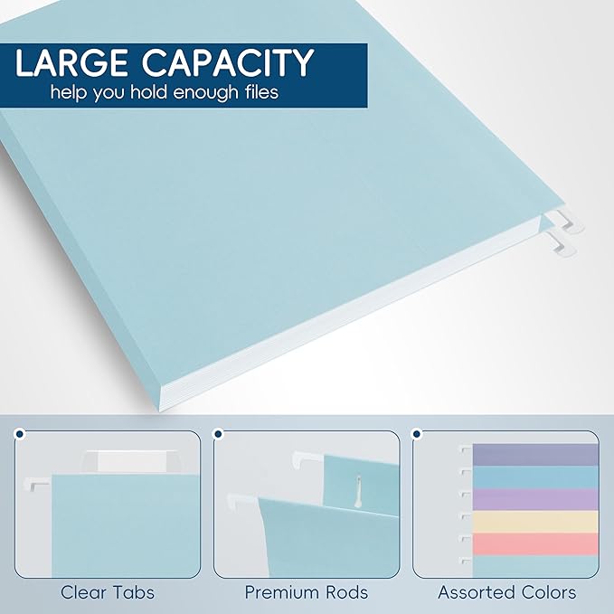 Hanging File Folders, 25 Pack Letter Size File Folders with 1/5-cut Tabs, Office Essentials for Filing Cabinet & Desk Storage