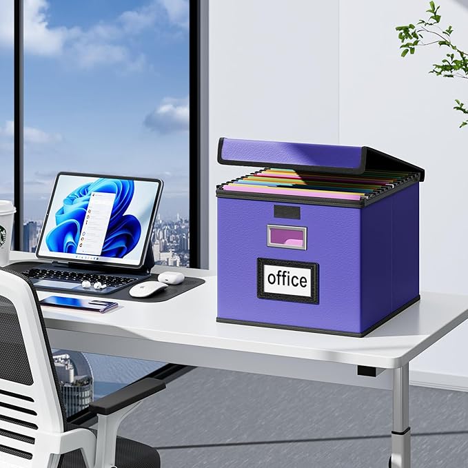 Huolewa File Organizer Box with Lid, Collapsible Leather File Folder Organizer for Office Document Storage, Filing Box with Plastic Slide for Letter/Legal Size Hanging Files,Navy Blue