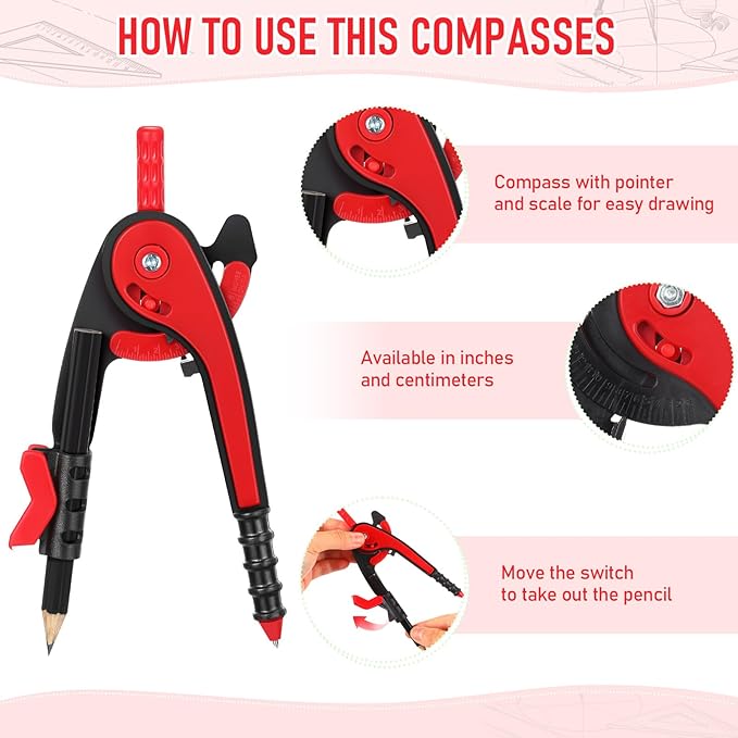 Eboot Red Student Geometry Math Set, Drawing Compass and 6 Inch Clear Swing Arm Protractors 180 Degree Math Protractor